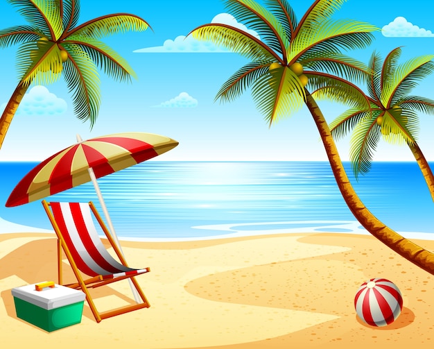Premium Vector | Summer beach vacation view with beach chair and some ...