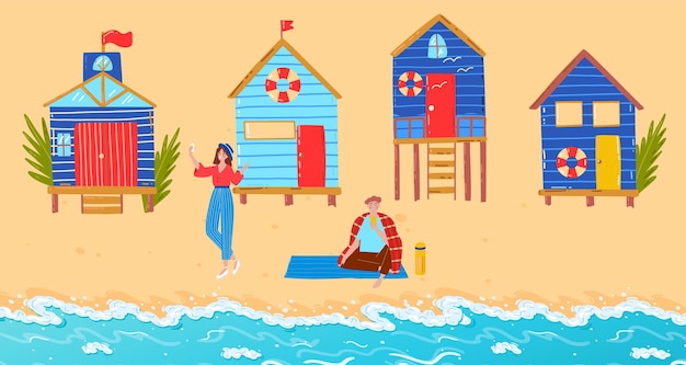 家族と夏のビーチベクトルイラストフラット男性女性キャラクター高床式住居と熱帯の海の海岸で海の休暇の近くに旅行 プレミアムベクター