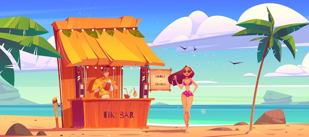 ティキバーと木製のカフェバーテンダーとサングラスの美しい女性とビキニの海の風景の女の子と夏のビーチヤシの木と熱帯の海の海岸の漫画イラスト 無料の ベクター