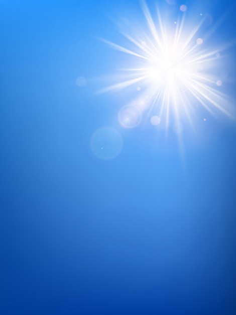 夏の青空テンプレートと暑い夏の太陽光線は レンズフレアでバーストします プレミアムベクター