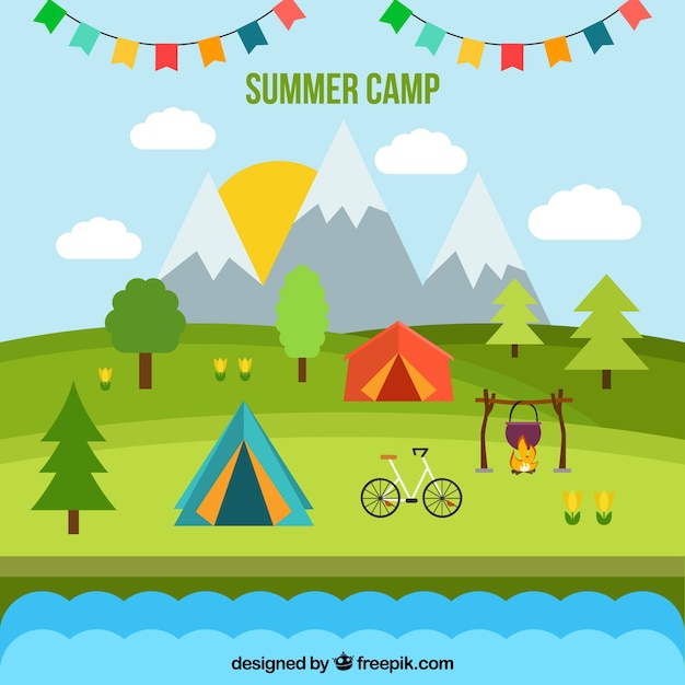 Summer camp background in flat style - Stock Image - Everypixel