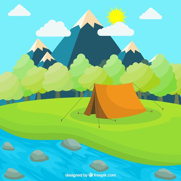 Summer camp background tent next to\
river