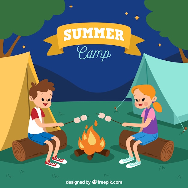 Summer camp background with couple at\
bonfire