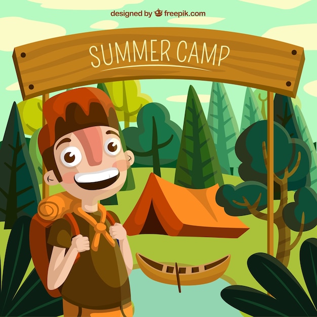Download Summer camp background with happy boy in nature | Free Vector