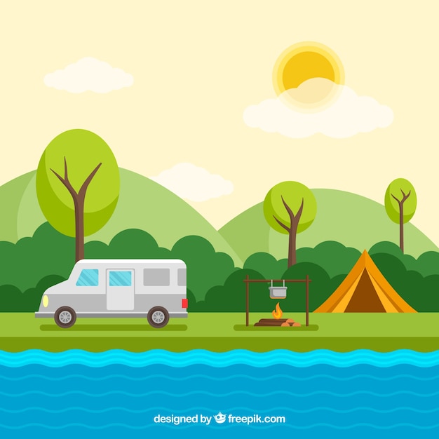 Download Summer camp background with van and campfire | Free Vector