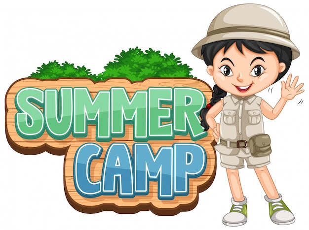 Download Summer camp sign with girl waving hello | Free Vector