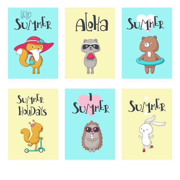 Summer card set, vector hand drawn illustration. hello summer, aloha, i love summer, summer holidays calligraphy with cute animals squirrel, hedgehog, bear, fox, bunny and raccoon. Premium Vector