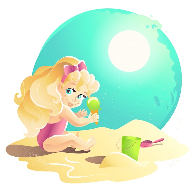 夏の漫画イラスト 砂の城で遊んで砂の上に座っている若い赤ちゃん女の子キャラクター バケット シャベル 子供のイラスト 本の表紙 広告 バナー プラカード プリント プレミアムベクター