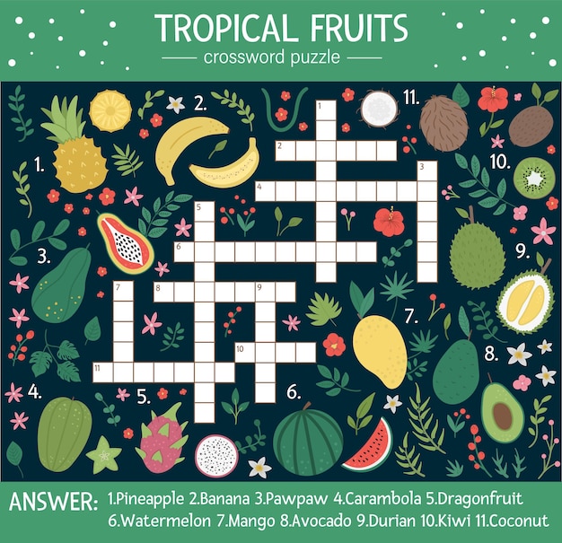 子供のための夏のクロスワードパズル 子供向けのトロピカルフルーツのクイズ かわいい食べ物の要素を使った教育的なジャングル活動 プレミアムベクター