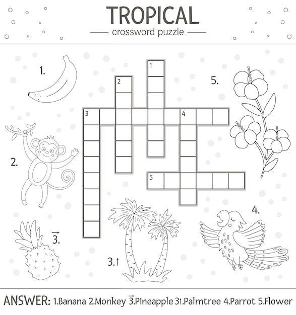 夏のクロスワードパズル 子供のための熱帯の要素を使ったクイズ かわいい面白いキャラクターとの教育的な白黒のジャングル活動 子供のための楽しいぬりえ プレミアムベクター