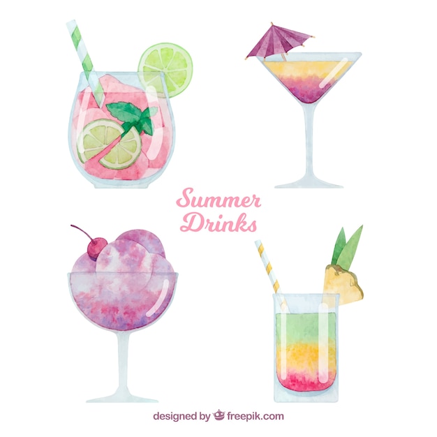 Download Summer drinks set in watercolor style Vector | Free Download