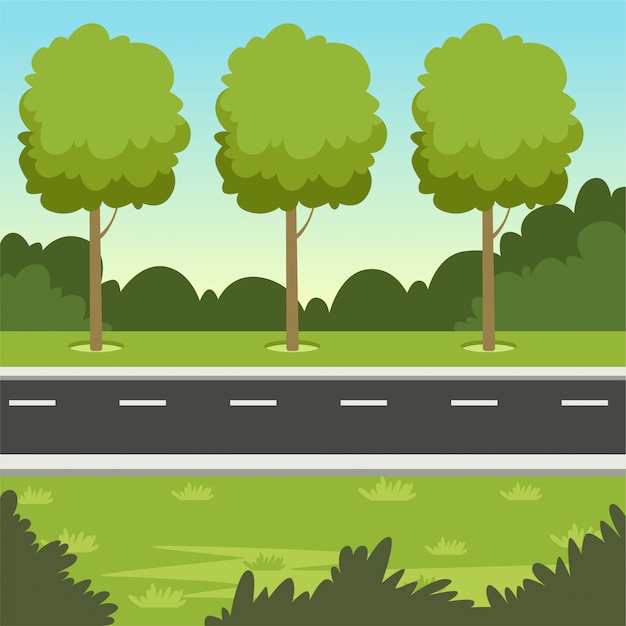 道路と木 自然の背景イラストと夏の緑の風景 プレミアムベクター