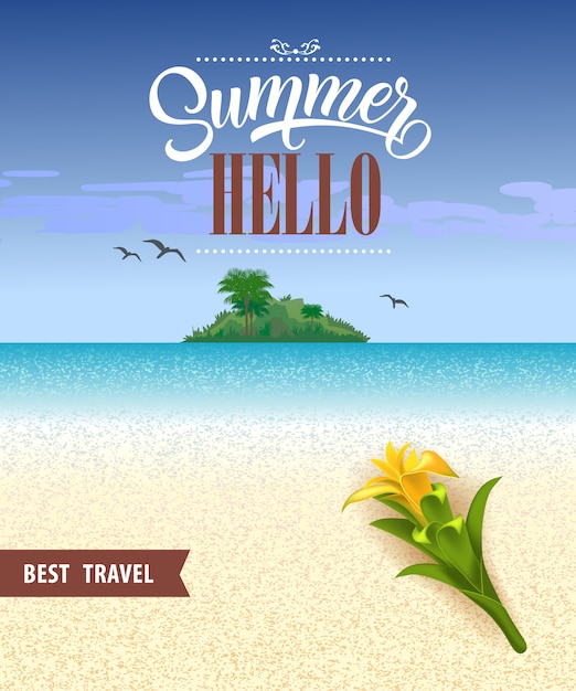 Summer hello best travel flyer with ocean,\
beach, tropical island and yellow flower.