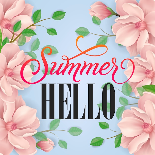 Summer hello lettering. Tender background with
pink flower and twigs.