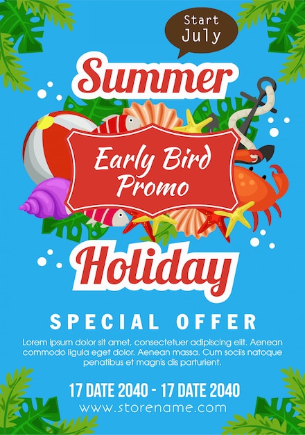 Summer holiday early bird promo poster marine flat style vector