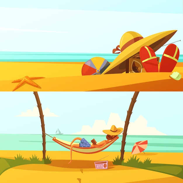 Summer holiday horizontal cartoon background set with beach wears and equipment isolated vector illustration Free Vector