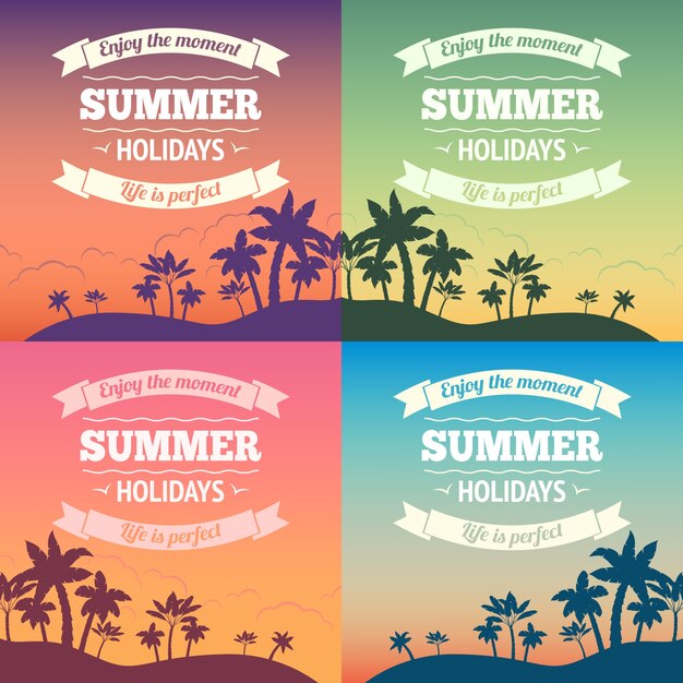 Summer holiday vacation travel background\
poster with sunset and palm trees vector illustration