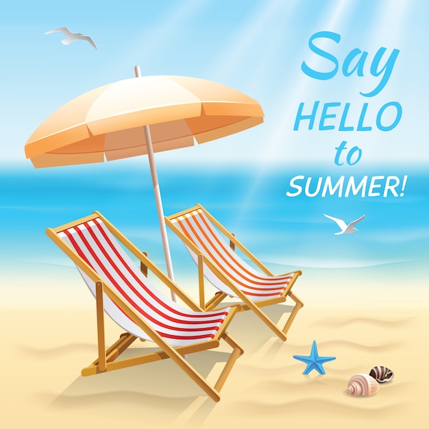 夏休みビーチの背景は 太陽の椅子と日陰のベクトル図と夏の壁紙にこんにちはを言います 無料のベクター