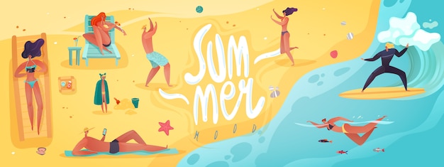 夏休み水平イラスト 水着の日光浴で男性と女性の碑文とビーチの夏の休日の活動をテーマにした長い水平イラスト プレミアムベクター