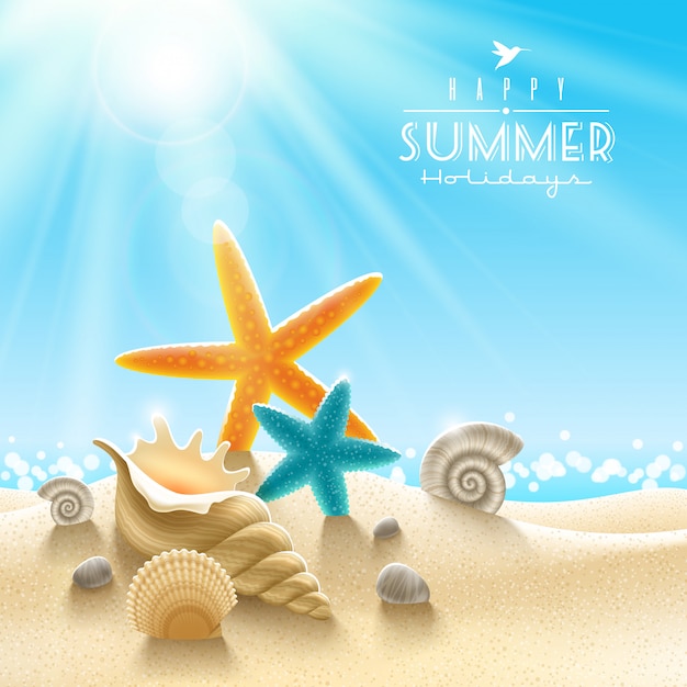 Summer holidays illustration - sea mollusks on a beach sand against a sunny seascape Premium Vector