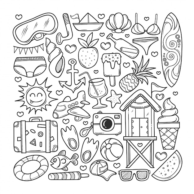 Summer icons hand drawn doodle coloring | Premium Vector