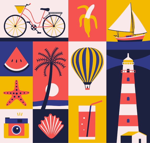 夏のイラスト アイコンセット 旅行ポスター 背景 プレミアムベクター