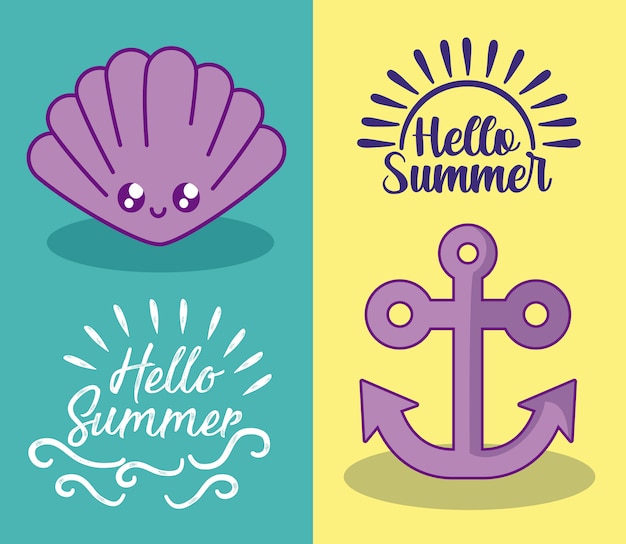 アンカーと貝殻かわいい夏のイラスト プレミアムベクター