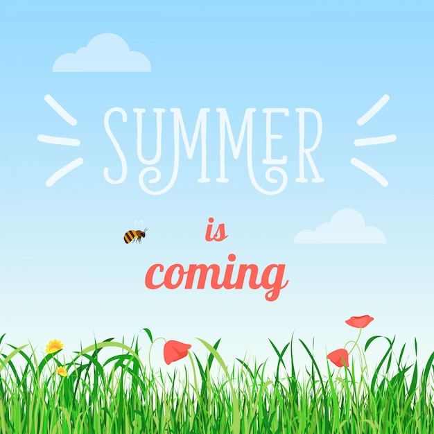 Premium Vector | Summer is coming poster with flowers and grass