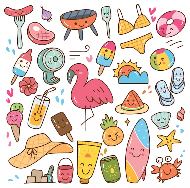  Summer kawaii  doodle set Vector Premium Download