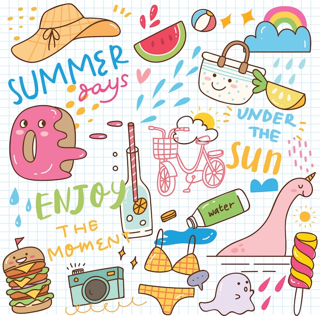  Summer kawaii  doodle Vector Premium Download