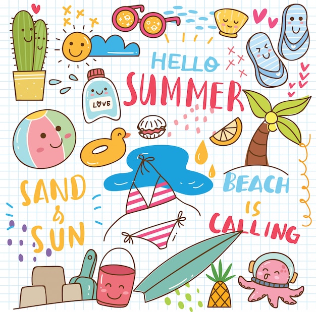 Summer kawaii doodle Vector | Premium Download