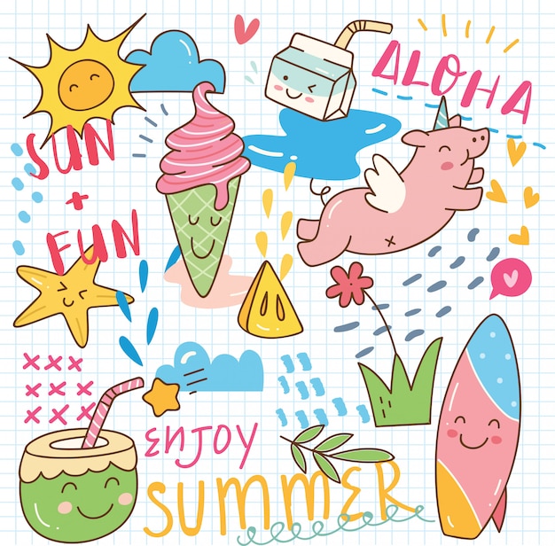  Summer kawaii  doodle Vector Premium Download