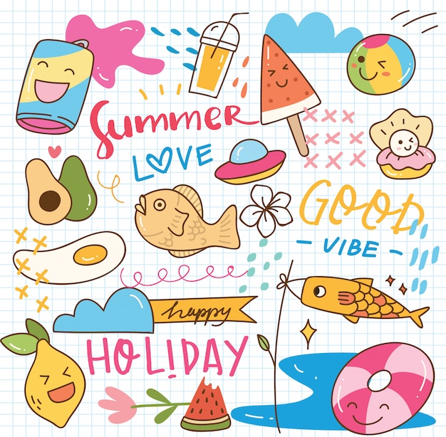  Summer kawaii  doodle Vector Premium Download