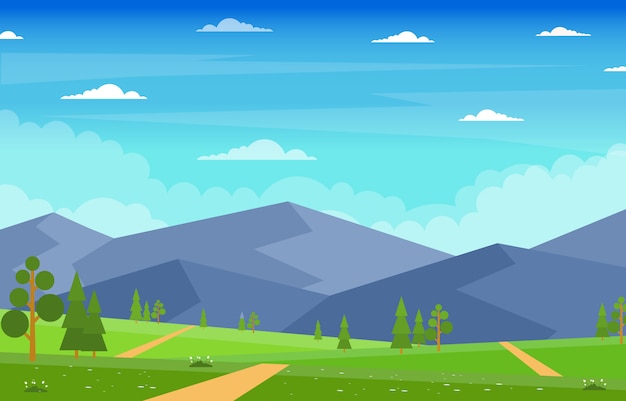 夏の山の緑の自然フィールド土地空の風景イラスト プレミアムベクター