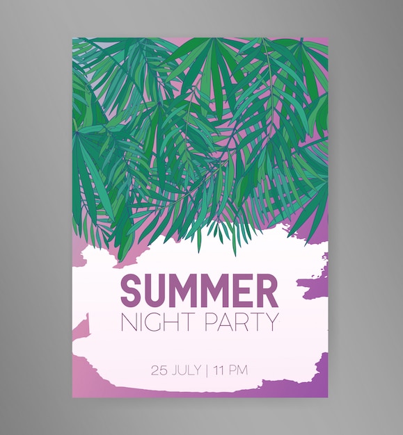 Premium Vector Summer Night Party Flyer Or Invitation Template With Hanging Green Tropical Palm Leaves Or Foliage Of Exotic Jungle Trees And Place For Text Colorful Illustration For Event Advertisement