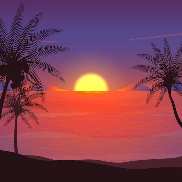 Summer Night Sunset Beach Illustration Premium Vector