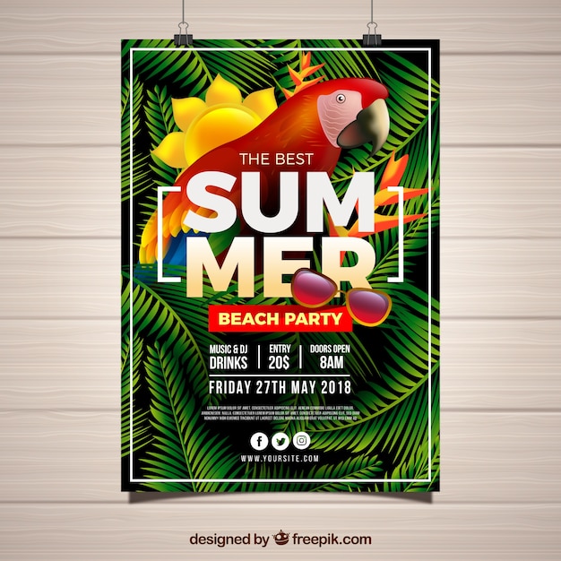 Summer party invitation with tropical bird in\
realistic style