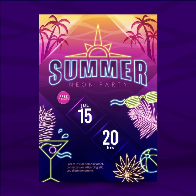 Free Vector Summer Party Neon Poster With Cocktail