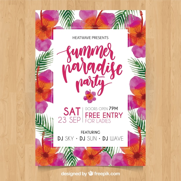 Summer party poster with watercolor flower
decoration