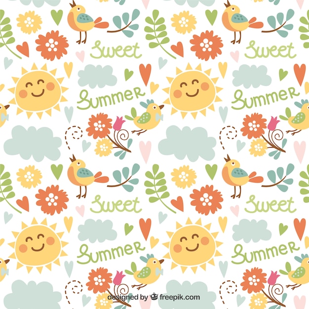 Summer pattern with cute illustrations Vector Free Download