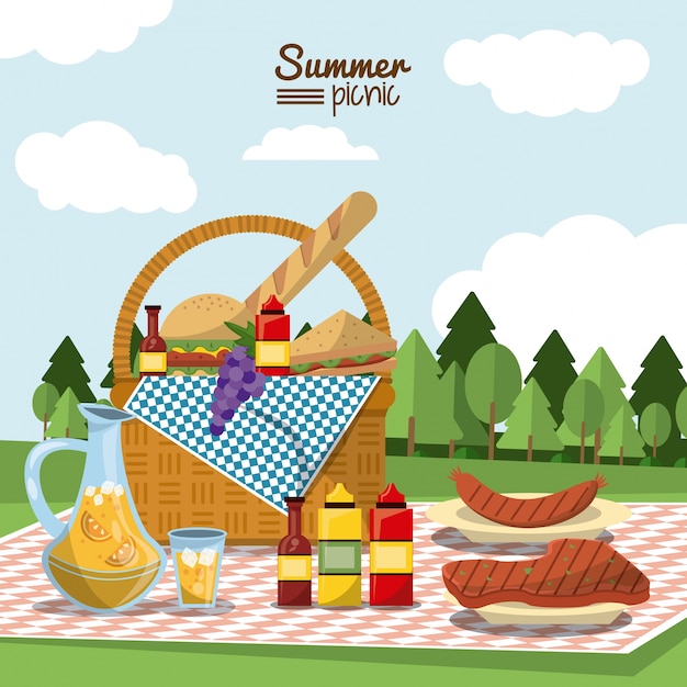 Premium Vector | Summer picnic with picnic basket full of food in ...