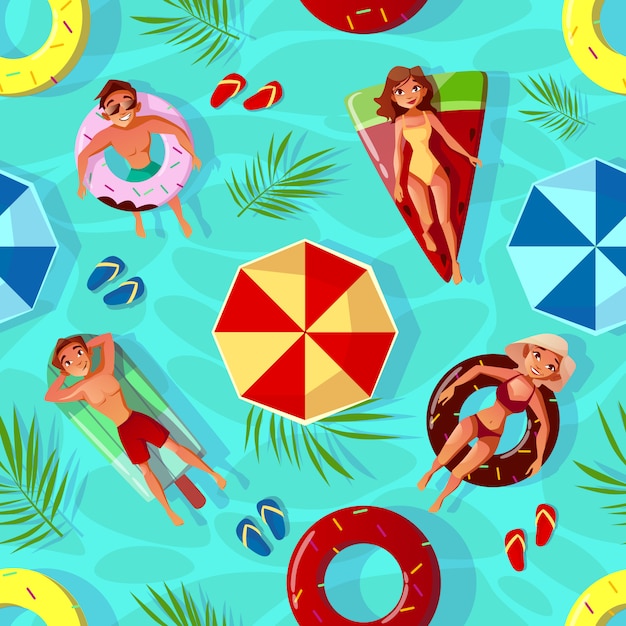 夏のプールスイミングリングiの人々とシームレスなパターンの背景のイラスト 無料のベクター