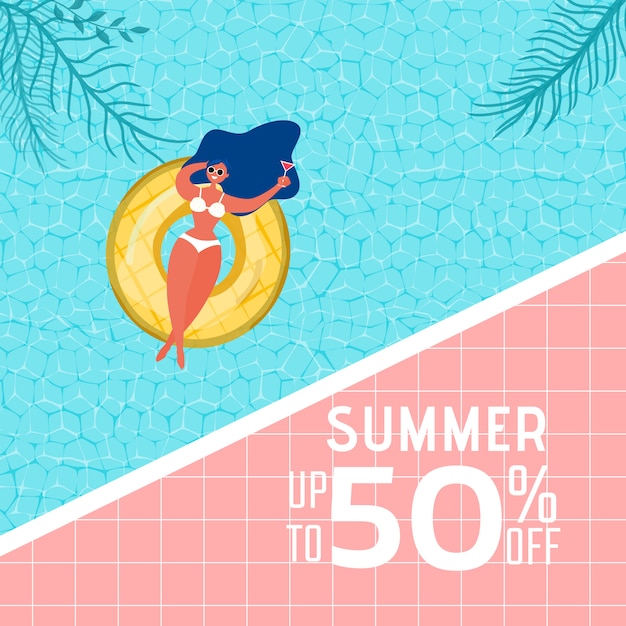 Summer pool party advertising design with girl on rubber ring. Vector