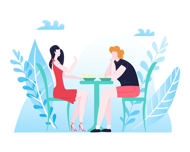 夏の残り カップル愛の組成 幸せな男 ロマンチックな設定 2人のためのディナー イラスト 若い人たちは ロマンスの男と女がテーブルに座って一緒に時間を過ごします プレミアムベクター