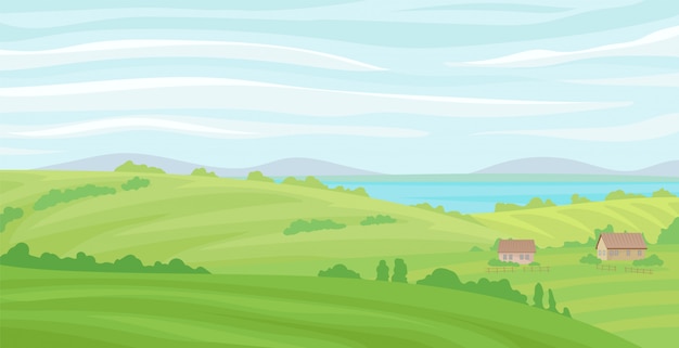 夏の田園風景 緑の草と川 農業 白い背景のイラストを農業と草原 プレミアムベクター