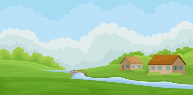 Premium Vector | Summer rural landscape with village houses and river ...