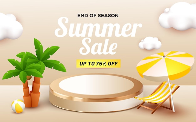 Premium Vector | Summer sale banner with podium and 3d element beach ...