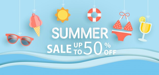 Summer sale banner with summer element in paper cut style for template and banners Premium Vector