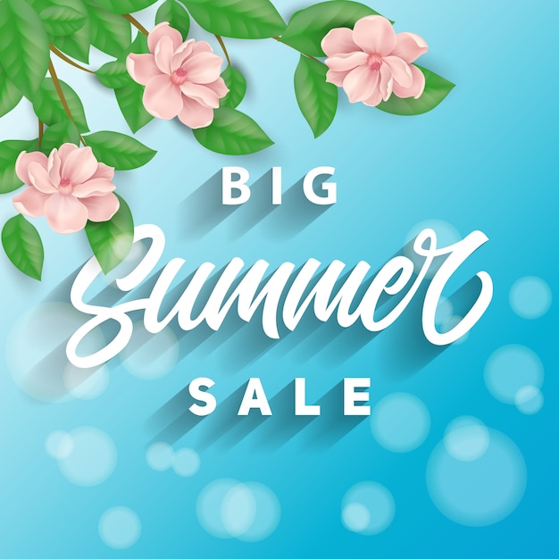 Summer sale blue background with pink\
flowers