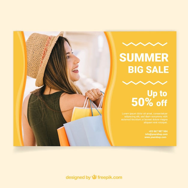 Summer sale flyer template with image of woman with bags Free Vector